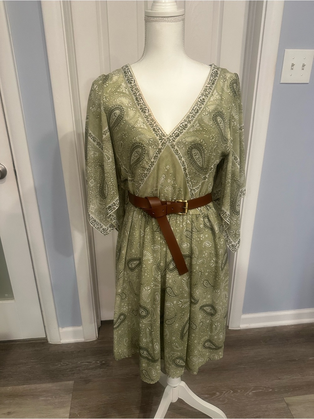 Michael Michael Kors Sage Green Paisley Belted Boho Dress